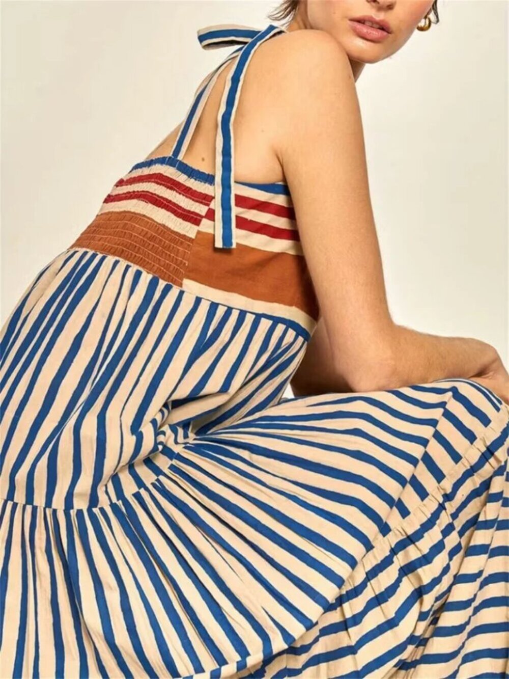 Women's Blue and Cream Striped Maxi Dress with Tie Straps - Picture 2 of 8